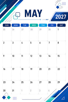 May 2027 calendar page template with modern blue geometric planner design elements, Modern corporate calendar sheet for May 2027 featuring professional abstract blue header