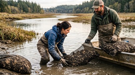 Fototapeta premium Biologists lifting oyster mesh bags for coastal reef restoration in estuary