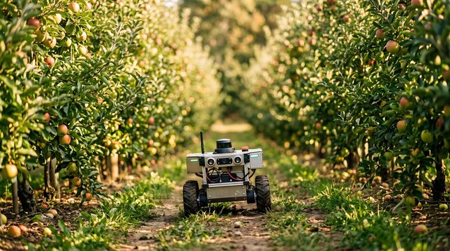 Autonomous farming robot driving through apple tree rows in a sunny orchard.