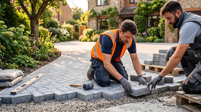 Two professional landscapers laying permeable paving stones on a driveway.