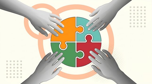 Hands assembling colorful jigsaw puzzle pieces. Teamwork collaboration concept with multiracial business partners solving problem together.