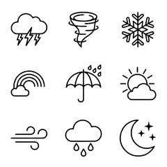 Obraz premium Set of Minimalist Weather Forecast Icons Featuring Sun, Rain, Snow, and Storm Symbols for Editorial Use Only