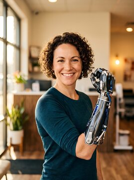 Confident smiling woman showing her advanced bionic prosthetic arm in a clinic