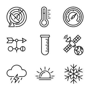 Set of minimal line icons representing weather forecasting, scientific measurements, and space technology for editorial use