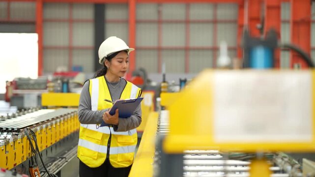 Factory engineer checking manufacturing process while taking notes, industrial inspection, production quality, engineering operation, factory workflow, workplace safety.