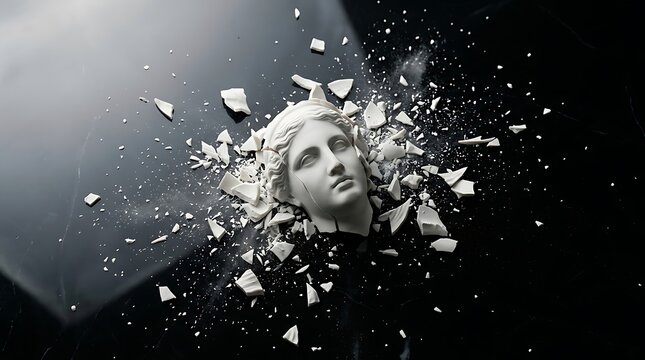 Shattered white classical statue head with fragments scattered on a dark reflective surface, symbolizing destruction and fragility.