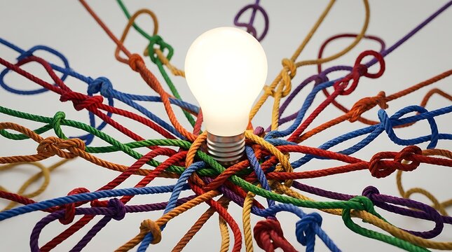 Bright lightbulb with colorful wires forming creative idea network. Innovation concept showing brainstorming and connectivity for business solutions.