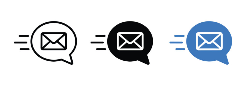 Email Message Icons. A set of three clean and modern icons representing an email message, each enclosed in a speech bubble with motion lines indicating fast delivery or sending.