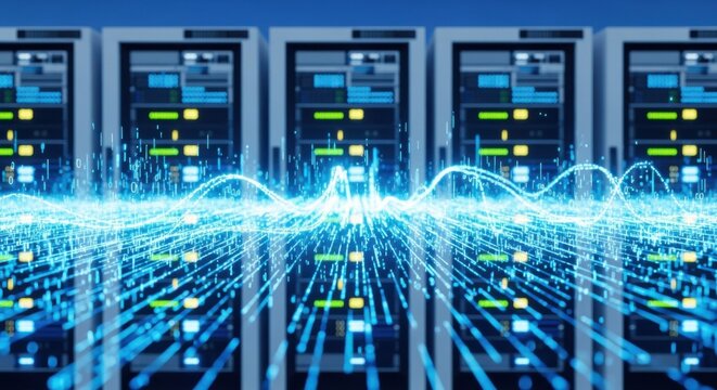 Dynamic animation simulation of timecode data flowing through multiple synchronized servers illustrating realtime time alignment in complex networks.