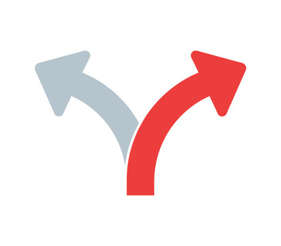 Two Arrows Diverging. A graphic representation shows two arrows, one red and one grey, splitting and moving in opposite directions, symbolizing choice, decision, and divergence.