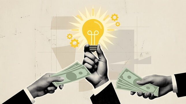 Business partners shaking hands over financial investment deal. Corporate executives exchanging money under glowing lightbulb idea concept.