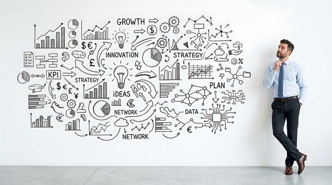 Business professional analyzing complex flowchart on whiteboard. Male executive reviewing strategic planning diagram for corporate growth and innov...