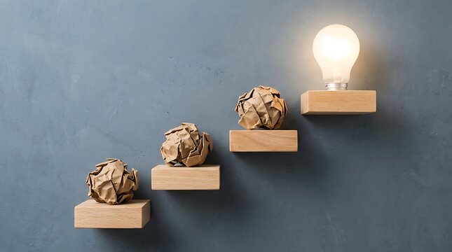 Three chocolate energy balls on wooden blocks with glowing lightbulb. Healthy snack concept for wellness, creativity, and brainstorming ideas.