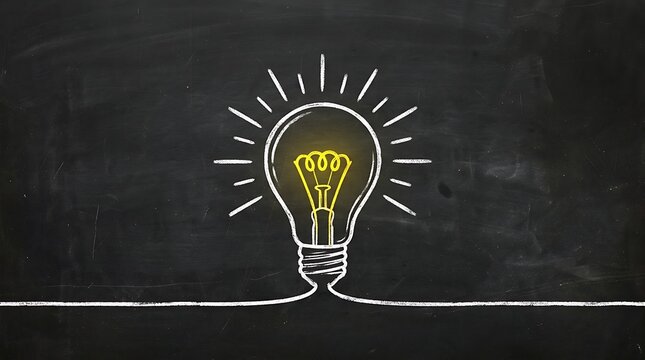 Bright idea light bulb concept drawing on chalkboard. Creative innovation and brainstorming inspiration sketch with glowing energy.