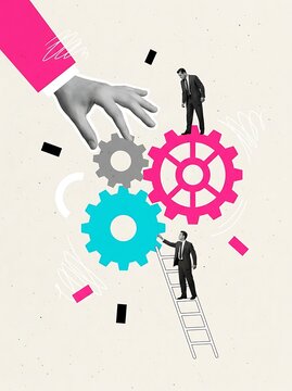 Business team climbing gears to success. Corporate professionals scaling innovation and growth with collaboration tools.