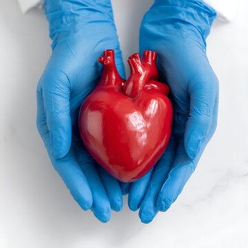 Hands in blue gloves holding a red anatomical heart model symbolizing health and care.