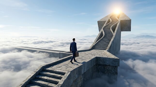 Businessman walking on futuristic bridge towards bright light. Professional male executive navigating career path in cloudy sky setting.