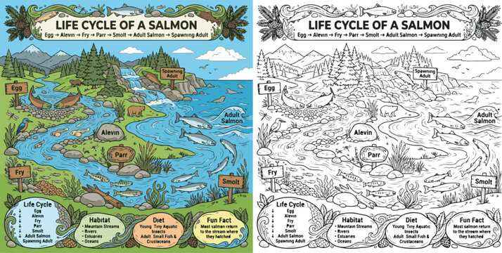 salmon life cycle cartoon clipart and lineart print vector illustration for school student educational study learning classroom outdoor STEM color coloring book