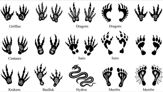 Mythical Creature Footprints Collection - Griffin, Dragon, Kraken, Centaur, Satyr, Basilisk, Hydra, Manticore