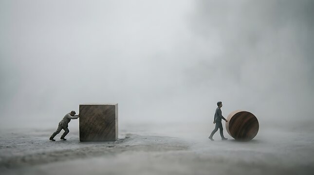 Business professionals walking through dense fog. Two executives navigating uncertainty in corporate environment.