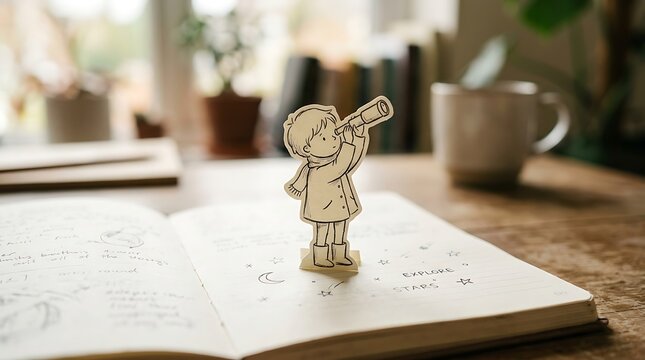 Golden angel figurine pointing upward on open book. Spiritual symbol of guidance and faith on vintage wooden desk.