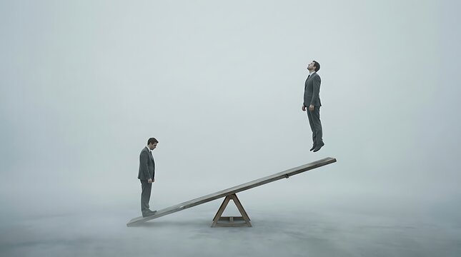 Business partners balancing on a seesaw. Two professionals demonstrating teamwork and risk management in equilibrium.