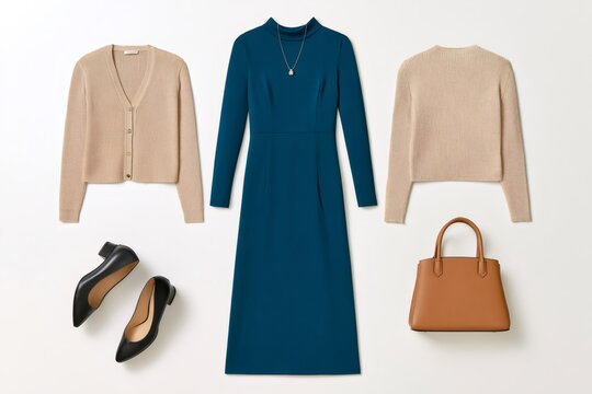 Professional women's fashion flat lay with teal dress