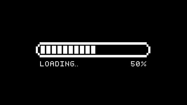 8 bit loading bar progress animation on transparent background. Pixelated 8 bit loading bar from 1 to 100 percent complete. 