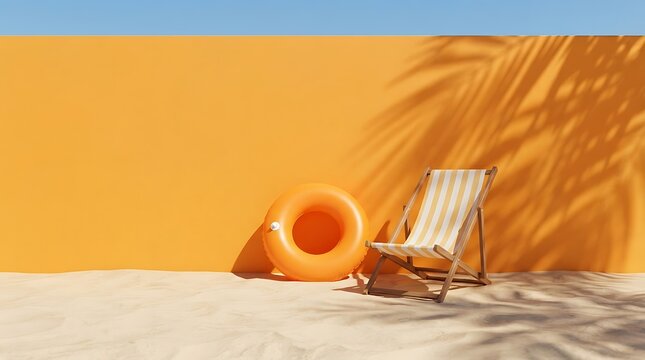 Empty beach chair with orange towel under straw umbrella. Relaxing coastal vacation setup for summer holiday travel and leisure.