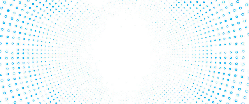 Blue abstract halftone dots pattern radiating from center on white background