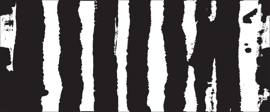 Black and white abstract vertical stripes with rough textured edges and scattered dots