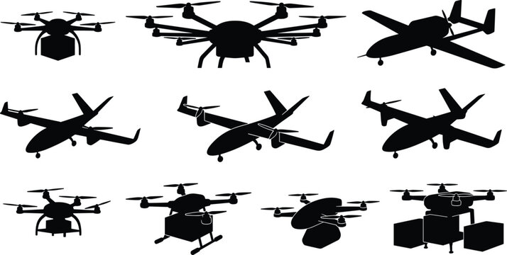 Drone and Unmanned Aircraft Silhouette Collection Featuring Delivery Cargo Surveillance and Fixed Wing UAV Vector Icons
