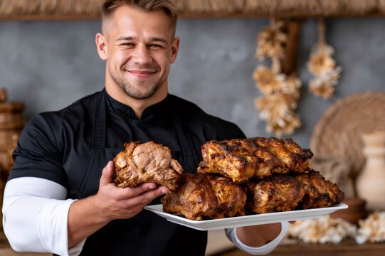 Smiling chef holding plate of roasted meat