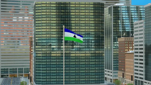 Lesotho Flag 3D Render Animation on Pole with Modern Business District Buildings - Daytime View