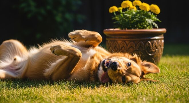 Joyful Golden Retriever Rolling Happily On Green Grass Under Sunlight