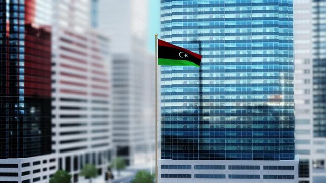 Libya Flag 3D Render Animation Waving in Front of Modern Glass Buildings - Daytime