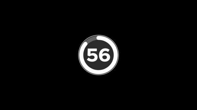 Digital circle countdown timer sixty five seconds animation from 65 to 0 seconds on black background, 65 second countdown timer concept, 65 seconds simple countdown timer animation