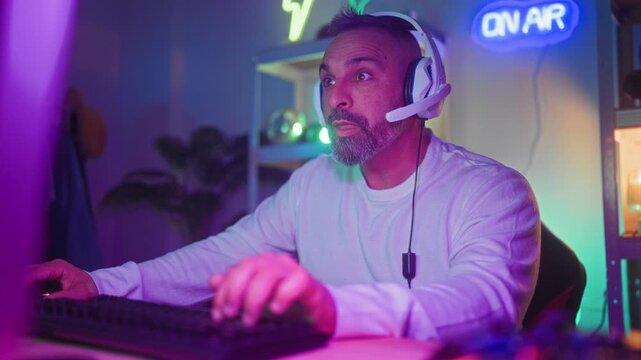 Man with headset clenches fists over keyboard, snarling at a monitor beneath a neon on air sign in a streaming studio; frustration.