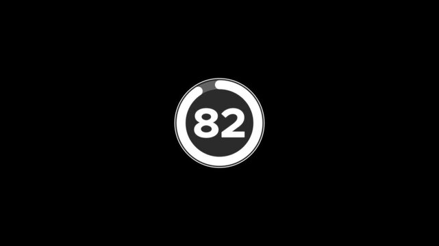 Digital circle countdown timer ninety seconds animation from 90 to 0 seconds on black background, 90 second countdown timer concept, 90 seconds simple countdown timer animation