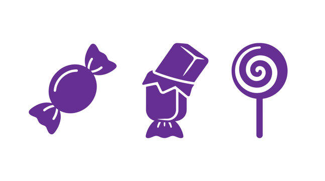 Set of three purple candy icons featuring wrapped hard candy a chocolate bar a spiral lollipop chocolate lollipop confectionery sweetness collection illustration