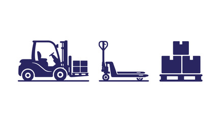 Naklejka premium Industrial warehouse logistics and material handling icons set showing forklift manual pallet jack and stacked shipping crates on wooden pallet with forklift warehouse logistics