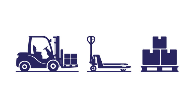 Industrial warehouse logistics and material handling icons set showing forklift manual pallet jack and stacked shipping crates on wooden pallet with forklift warehouse logistics