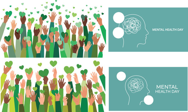 Diverse group of people raising hands with green hearts for world mental health day awareness campaign