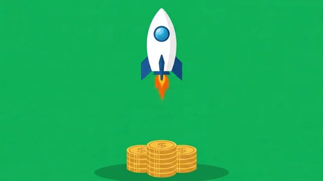 Rocket launching from stack of gold coins on green screen