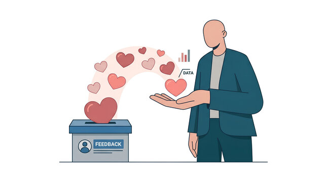 A person receiving positive feedback and appreciation represented by hearts flowing from a feedback box, symbolizing customer satisfaction and engagement.