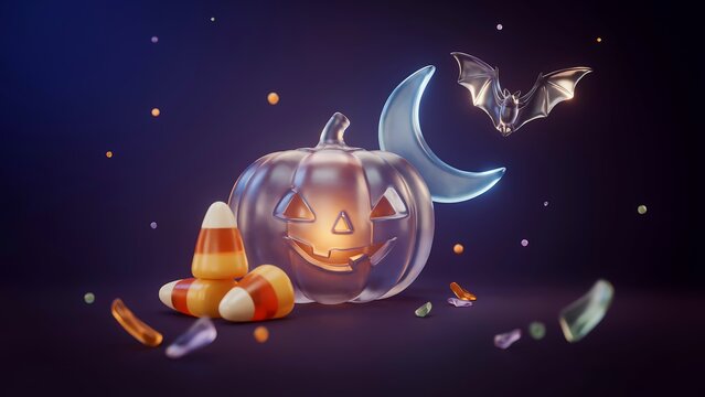 A glass jack-o-lantern pumpkin with candy corn, a glass crescent moon, and a glass bat on a dark purple background, for halloween.
