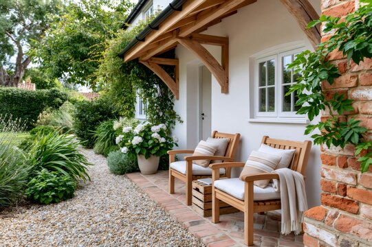 Cozy cottage patio with wooden chairs and garden