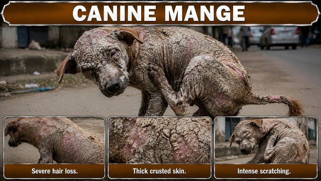Stray dog suffering from severe canine mange skin disease and hair loss in urban setting with illustrates severe symptoms constant scratching stray