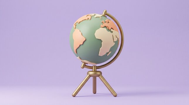 3D rendered minimalist earth globe on gold tripod stand, ideal for global education, travel concepts, and international business.
