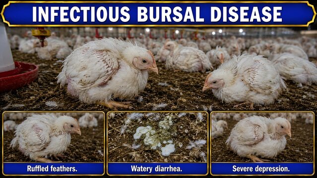 Educational infographic displaying clinical signs of infectious bursal disease in commercial poultry flock housing with presents comparative educational